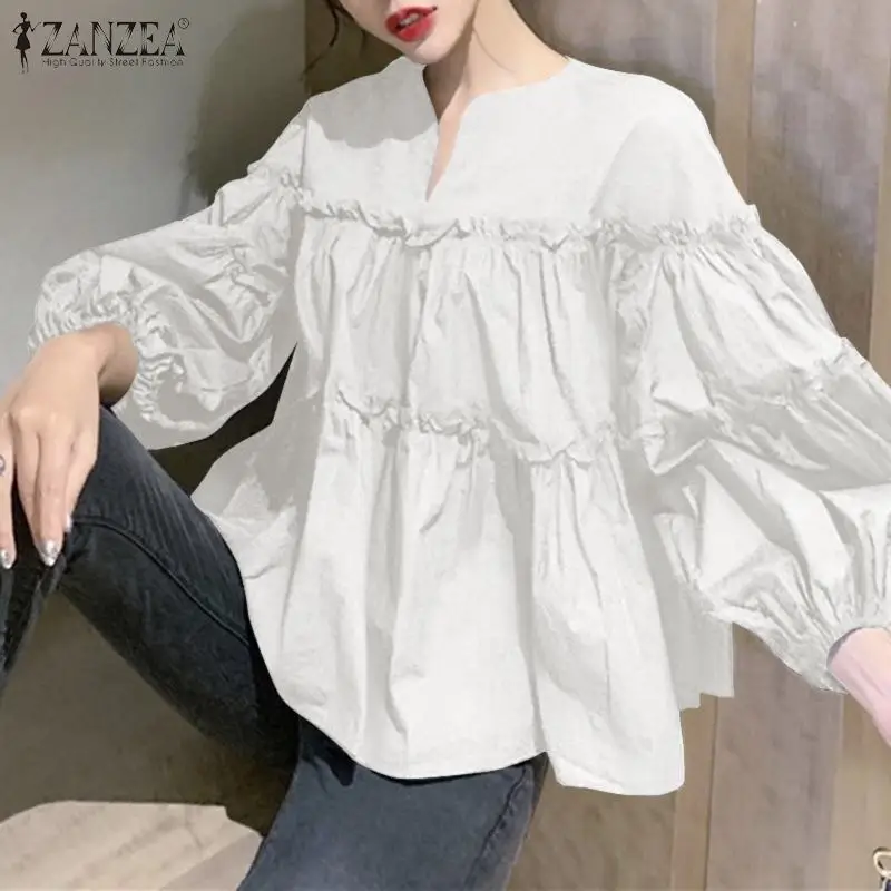 ZANZEA coreana-Blusa de manga larga abullonada para Mujer, Camisa lisa con volantes, Tops de trabajo para fiesta, 2023