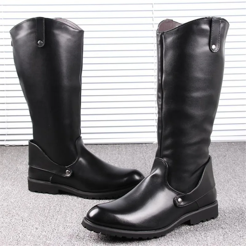 New Arrival Black Long Knee Boots Men Round Toe Buckle High Top Casual PU leather Shoes Man Motorcycle Boots Size 38--44