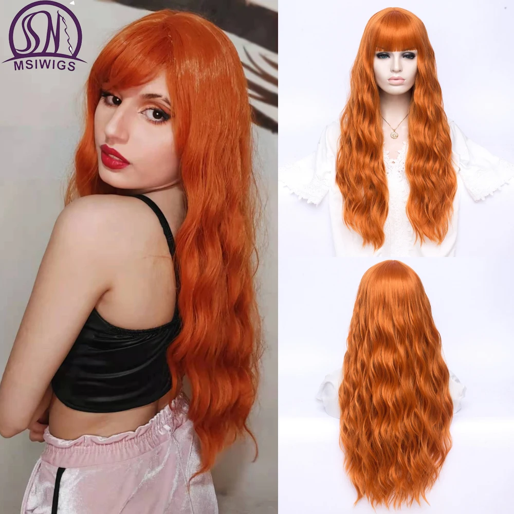 

MSIWIGS Long Orange Synthetic Cosplay Wigs for White Women Halloween Hollywood Party with Bangs Lolita Daily Blonde Pink Hair