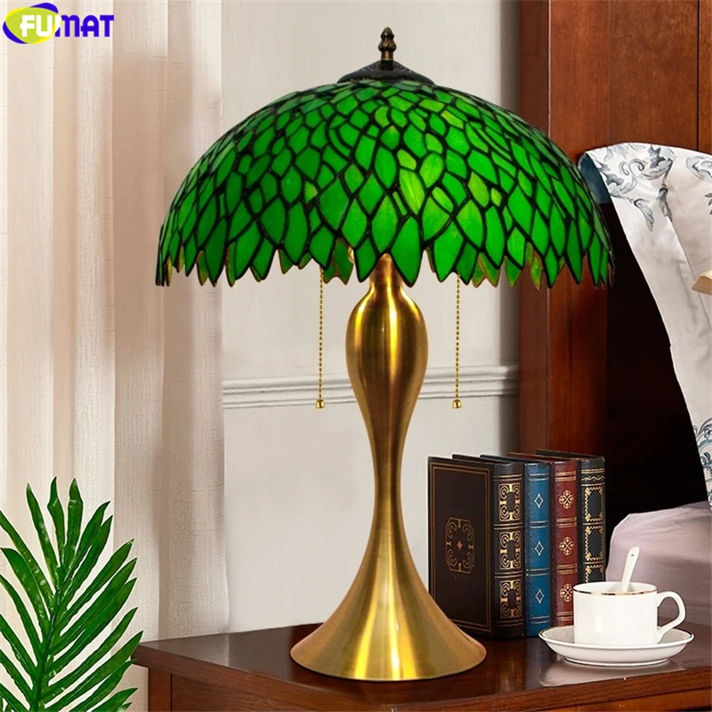 FUMAT Jade Green Stained Glass Table Lamp Stereoscopic Lampshade Desk Light Home Decorative Lighting Handcraft Arts Classical