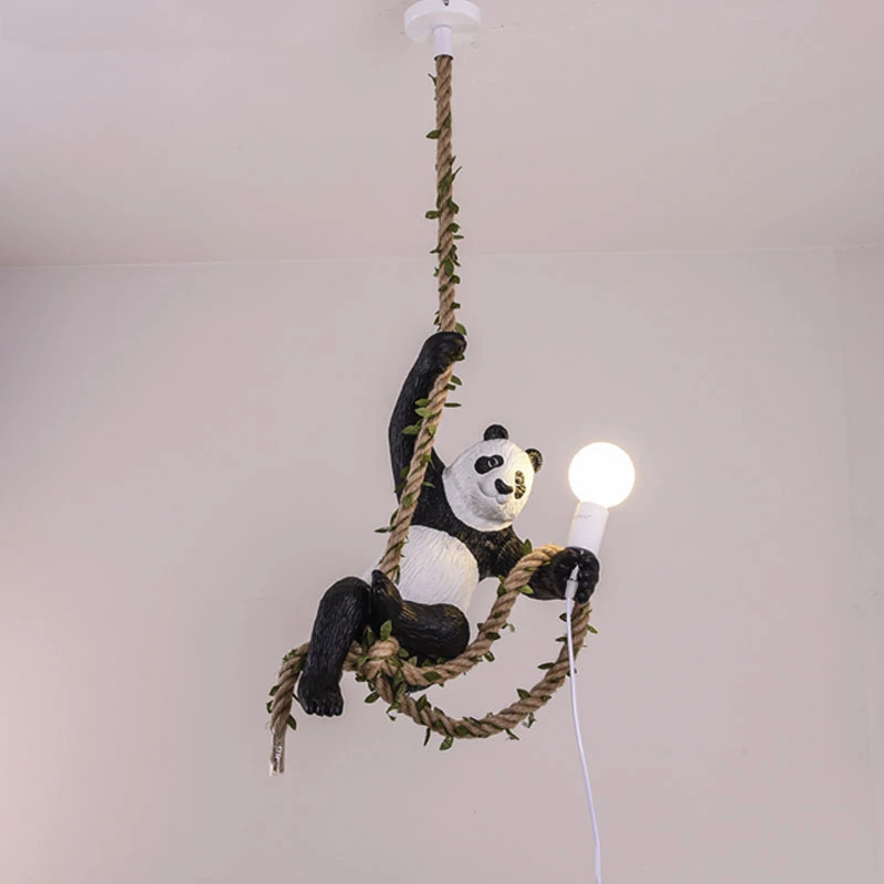 Monkey Lamp Nordic Panda LED Pendant Hanging Lamp Resin Animal Hemp Rope Pendant Light Fixture for Study Kids Light Fixture