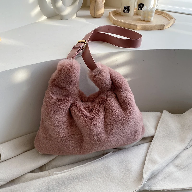 Fluffy Bag For Women 2023 Big Shopper Shoulder Cute Crossbody Shopping Faux Fur Fashion Designer Luxury Sling Saddle Korean Bags