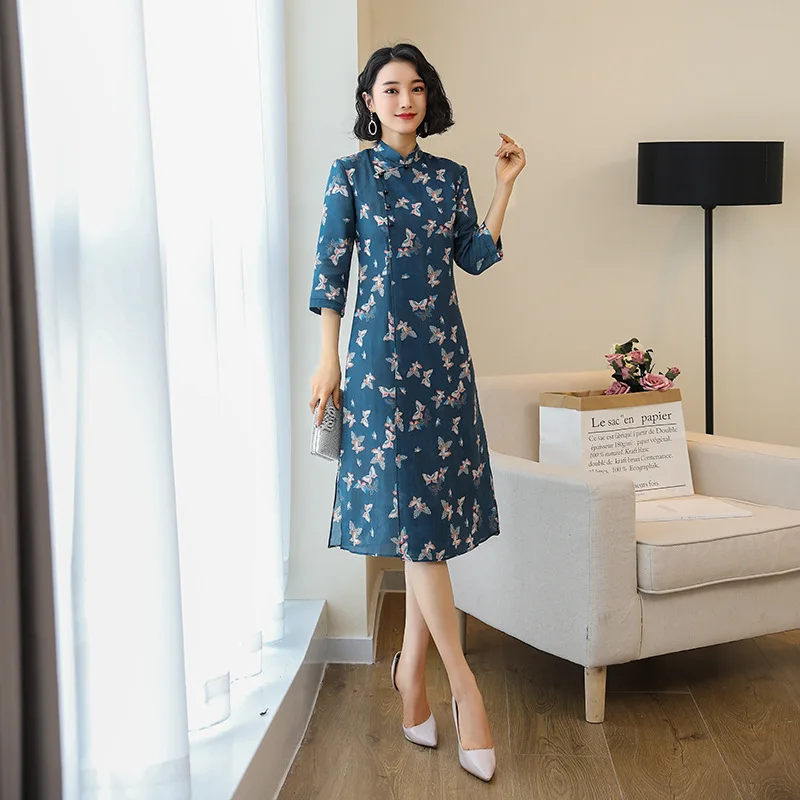 Autumn And Winter New Ramie Improved Cheongsam Dress Daily Party Show Cheongsam Traditional Chinese Lady Long Silk Evening Dress