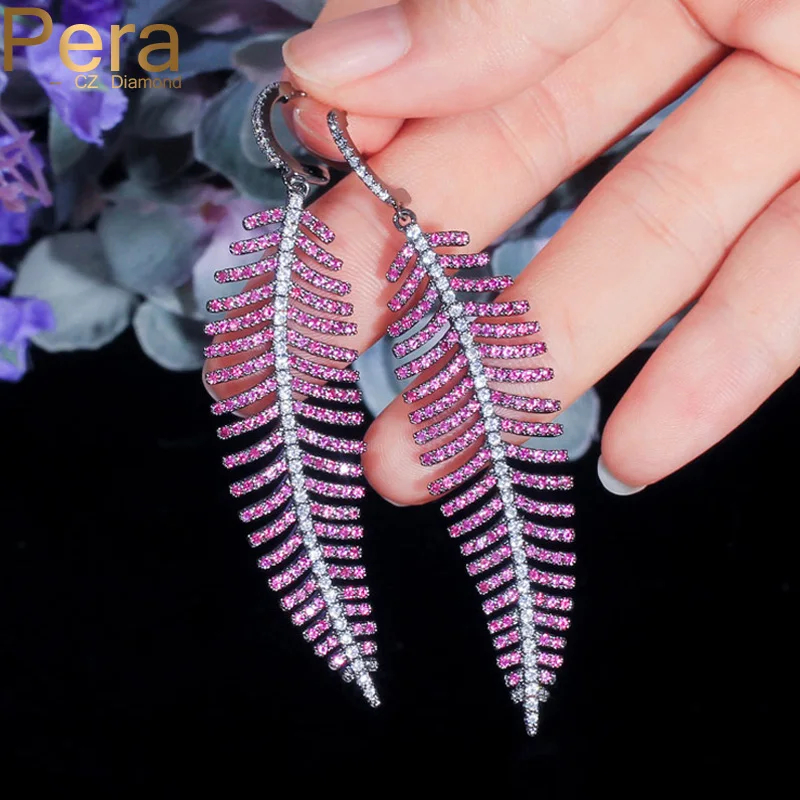 Pera Ethnic Leaves Red CZ Crystal Black Gold Plated Big Long Leaf Hanging Drop Women Earrings for Daily Party Jewelry Gifts E426