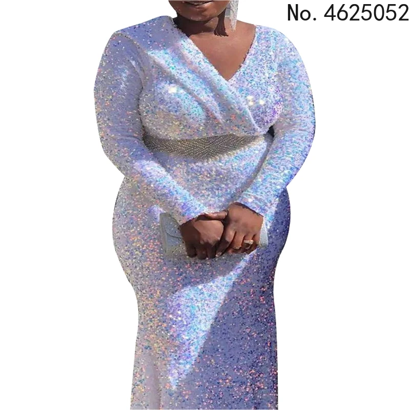 Plus Size Evening Party Dresses For Women African Large Size White Sequin Long Dress S-4XL Elegant Wedding Dinner Formal Clothes