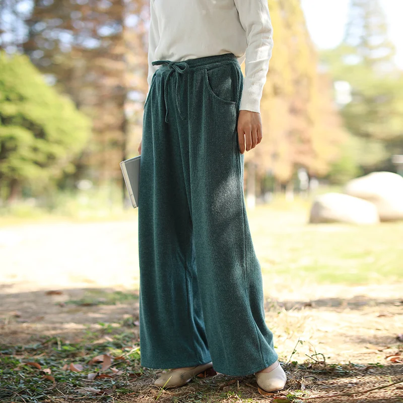 LZJN-Casual Knit Pants for Women, Loose Elastic Waistband, Drawstring, Wide Leg Pants, Comfit Trouser, Pockets, Autumn, Winter,