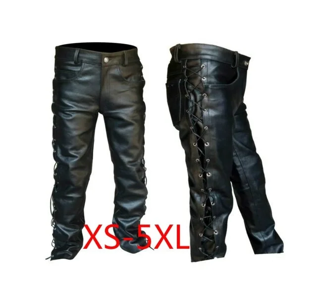 Pantalones de cuero de estilo locomotor Punk para hombre, pantalones de vendaje Retro Medieval, pantalones negros, moda de invierno