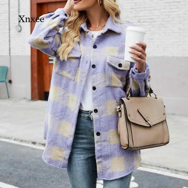 Autumn Women's Check Pattern Long Women's Casual Jacket Jacket Long Sleeve Loose Single Breasted Pocket Fashion Jacket