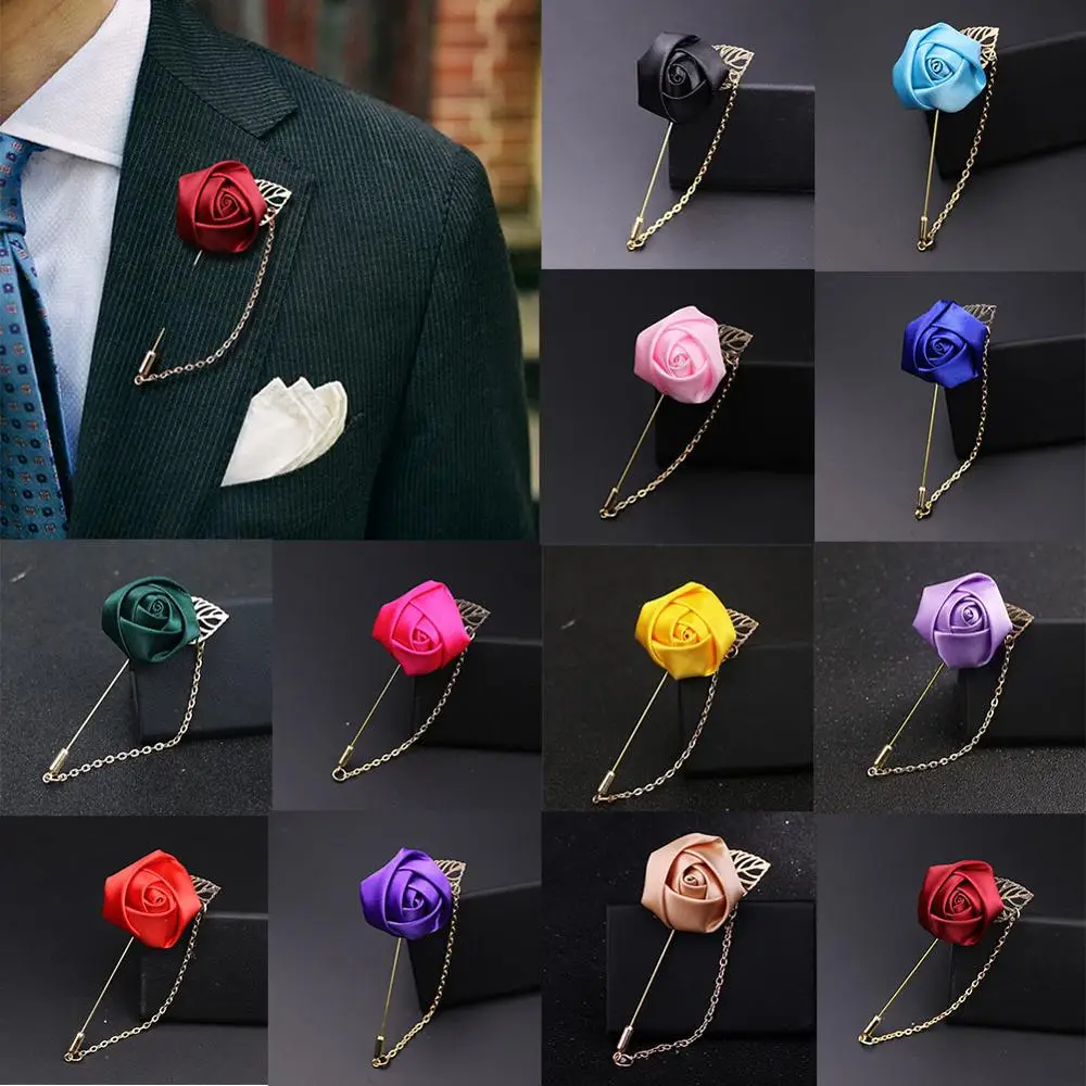 Terno masculino flor broche pinos tecido fita gravata pino 19 cores broches de flores sólidas para mulheres lapela pino masculino terno acessórios