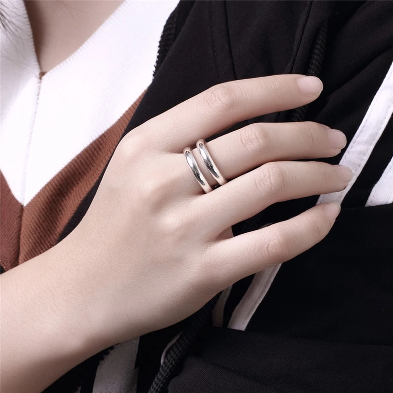 DOTEFFIL 925 Sterling Silver Double Line Rings Female Couple Rings for Woman Man Jewelry Elegant Retro Party Gift