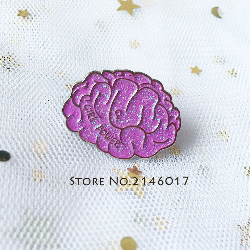 50pcs Motivational Collar Brooch Pink Feminist Pins Brooches Glitter Brain Badge Empowering Women Girl Power Enamel Lapel Pin