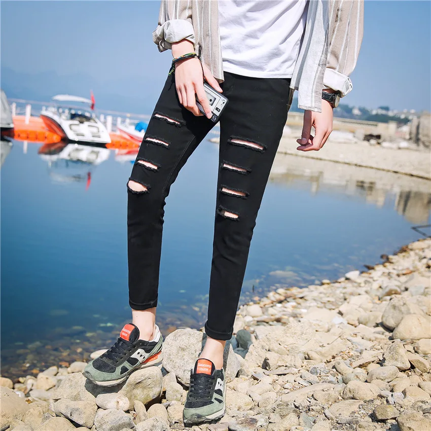 

Summer 2022 Street Teenagers Handsome Casual One-word Ripped Jeans Korean Small Feet Ankle Length Pants Black Slim Men's Pants