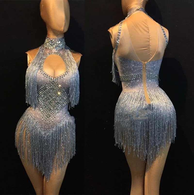 Nightclub Dance Sparkly Rhinestones Tassel Leotard DS Show Stage Wear Stretch Bodysuit Party Female Singer Outfit