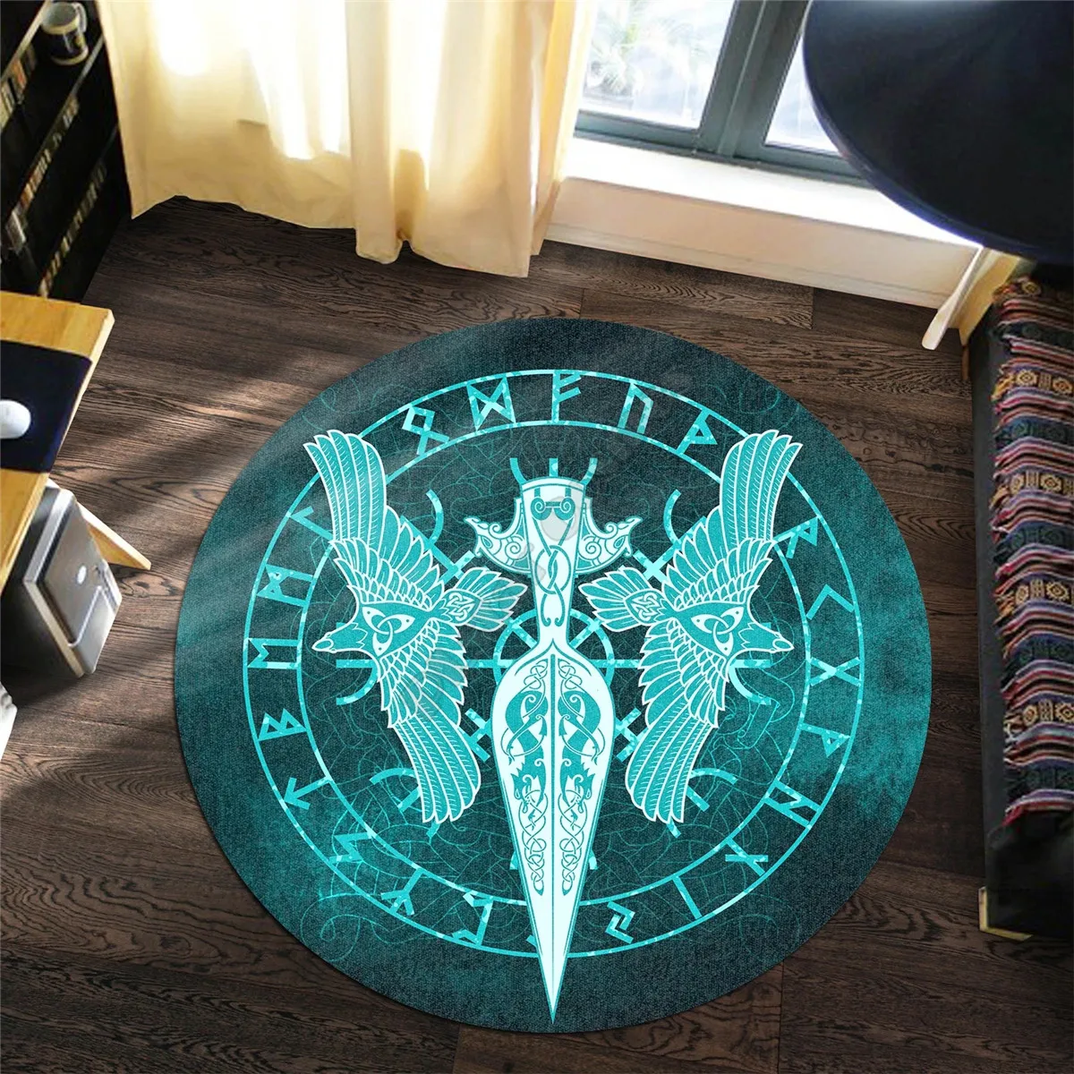 

Viking Style Carpet Cyan Spear Of The God Odin Gungnir Ravens 3D Printed Rug Non-slip Mat Dining Living Room Soft Bedroom Carpet