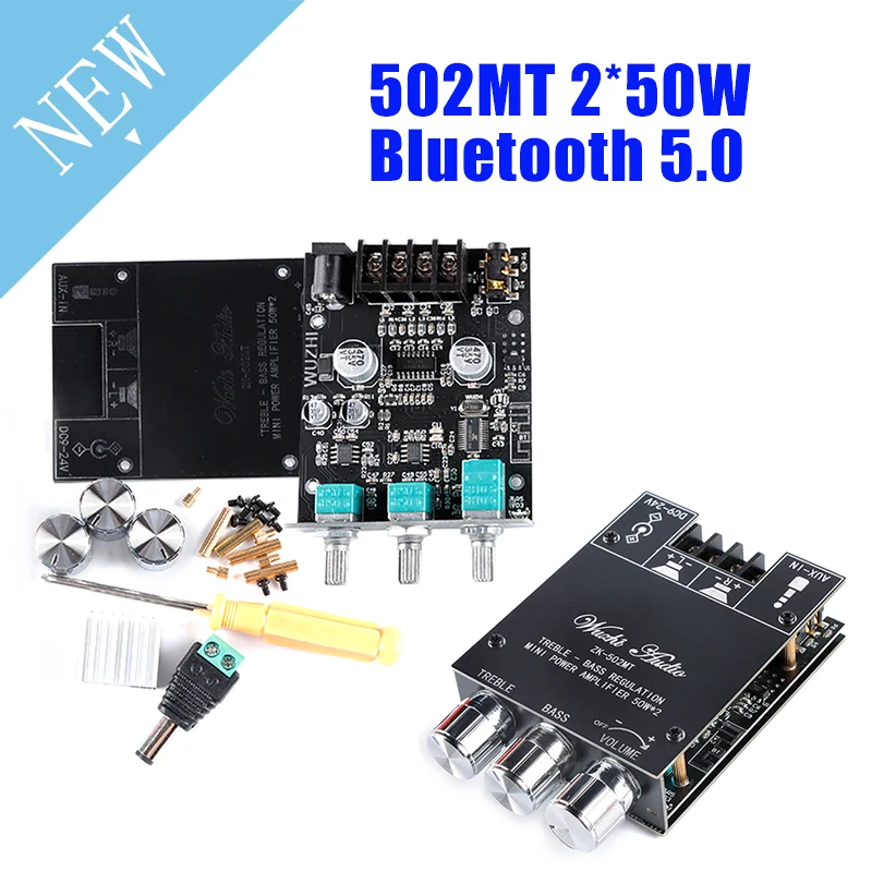 ZK-502MT 2*50W ซับวูฟเฟอร์เครื่องขยายเสียง2.0 Channel High Power เครื่องขยายเสียงระบบเสียงสเตอริโอ AUX Bass Treble AMP