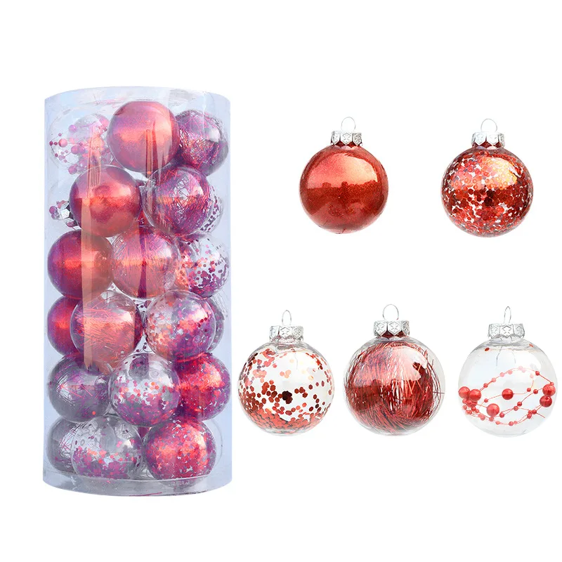 

24Pcs 6cm New Creat Red Christmas Ball Christmas Tree Hanging Ornament Transparent Xmas Ball Home Decoration New Year 2021 Gift