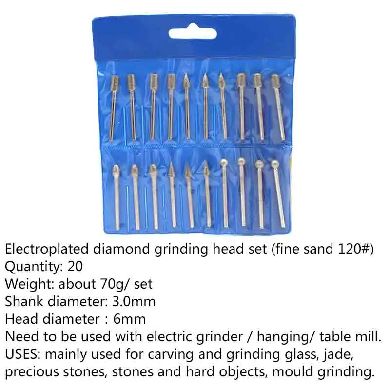 Têtes de meulage en diamant plaqué 3mm, 20 pièces, Mini perceuse, ensemble de fraises pour verre, Jade, moule de gemme, outil rotatif, accessoires de sculpture
