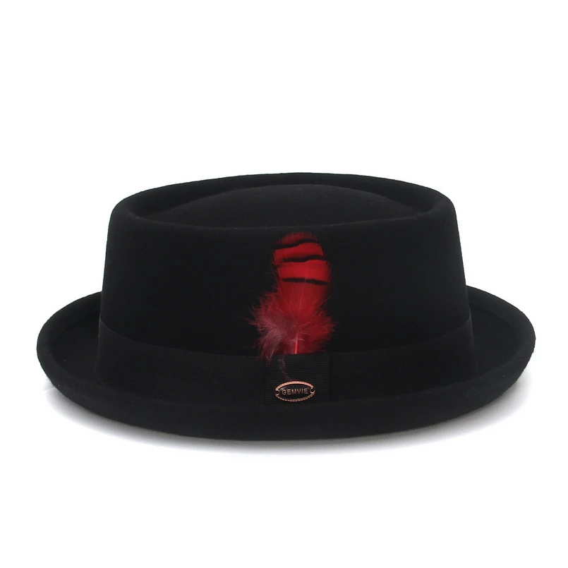 GEMVIE 100% Wool Felt Crushable Men Women Porkpie Fedora Hat Short Brim Autumn Winter Pork Pie Hat Striped Feather Band