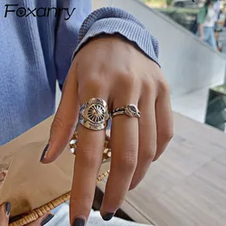 Foxanry Silver Color Punk Hiphop Rings for Women Couples New Fashion Vintage Handmade Thai Silver Party Jewelry Gifts