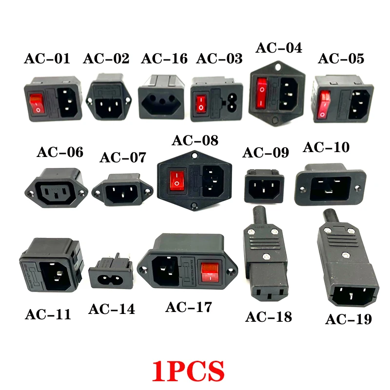 IEC320 C14 전기 AC 소켓, 빨간색 LED 250V 로커 스위치, 10A 퓨즈 암 수 입구 플러그 커넥터, 2 핀 소켓 마운트, 3 핀 