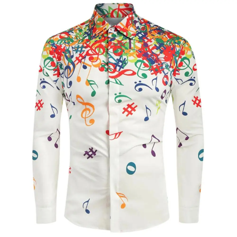 Męskie koszule codzienne na jesień 2025 z nadrukiem symboli muzycznych, długi rękaw, zapinane na guziki, slim fit, modna koszula męska, kardigan na studniówkę.