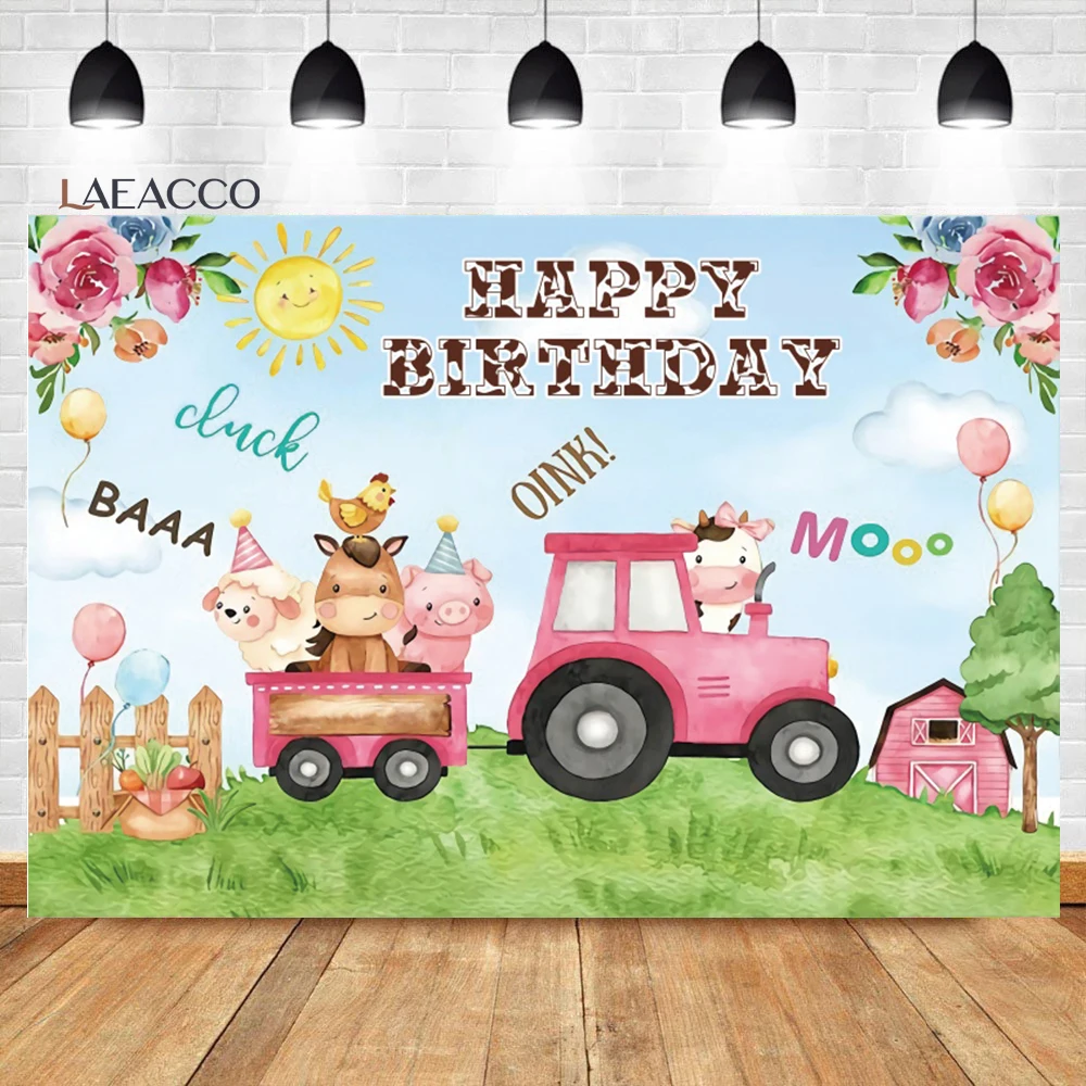 Laeacco Cartoon Bauernhof Geburtstag Hintergrund Rosa Scheune Nette Tiere Scarecrow Kinder Kind Portriat Angepasst Fotografie Hintergrund