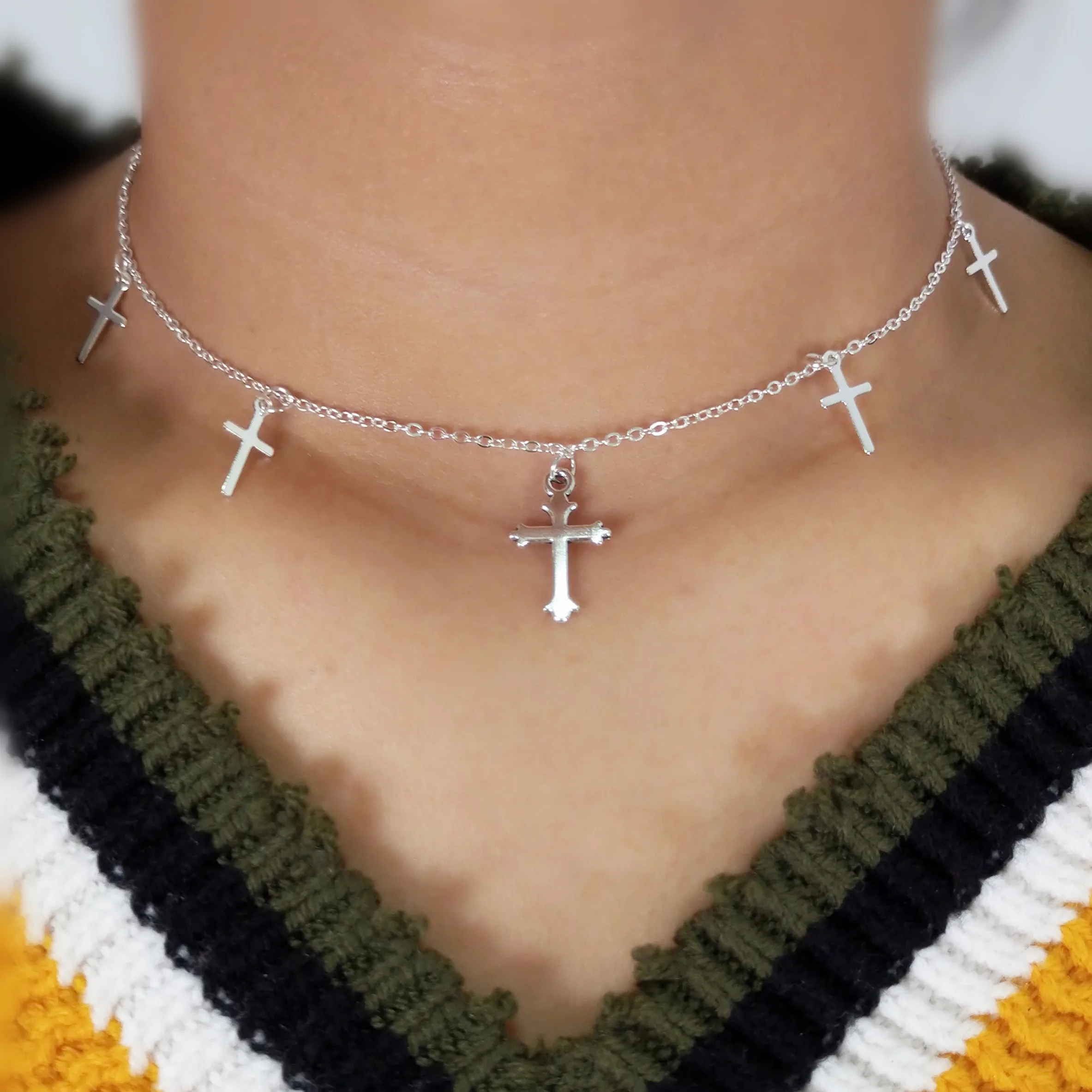 Silver Color Cross Necklaces & Pendants for Women Choker Clavicle Chain Jewelry Femme Bijoux Collares