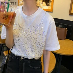 Summer T-shirt Women Chic Sequined Party Fashion Leisure Korean Style Fake Two Piece Ladies Comfortable All-match Loose New Ins