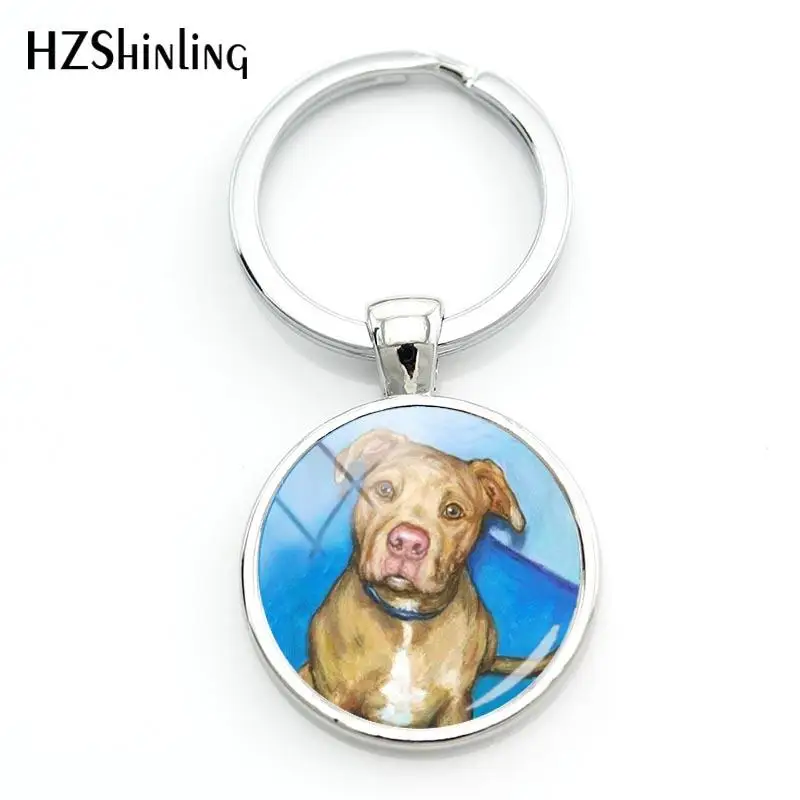 Fashion Pit Bull Dog Keyring Pitbull Keychain Glass Dome Key Chains Hot Round Hand craft Keyrings For A Woman Bag