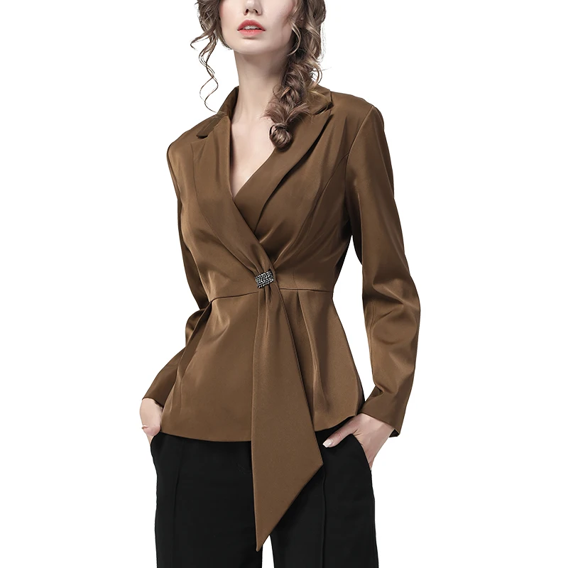 Fashion Suit Collar Flowy Womens Brown Satin Shirt Long Sleeve Outwear Ribbon Design Single Button Tunic Top Autumn New Blouses