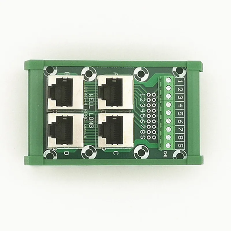 DIN Rail Mount Network Interface Module RJ45 8P8C Vertical Jack 4-Way With shielding Buss Breakout Board, Terminal Block, Connec