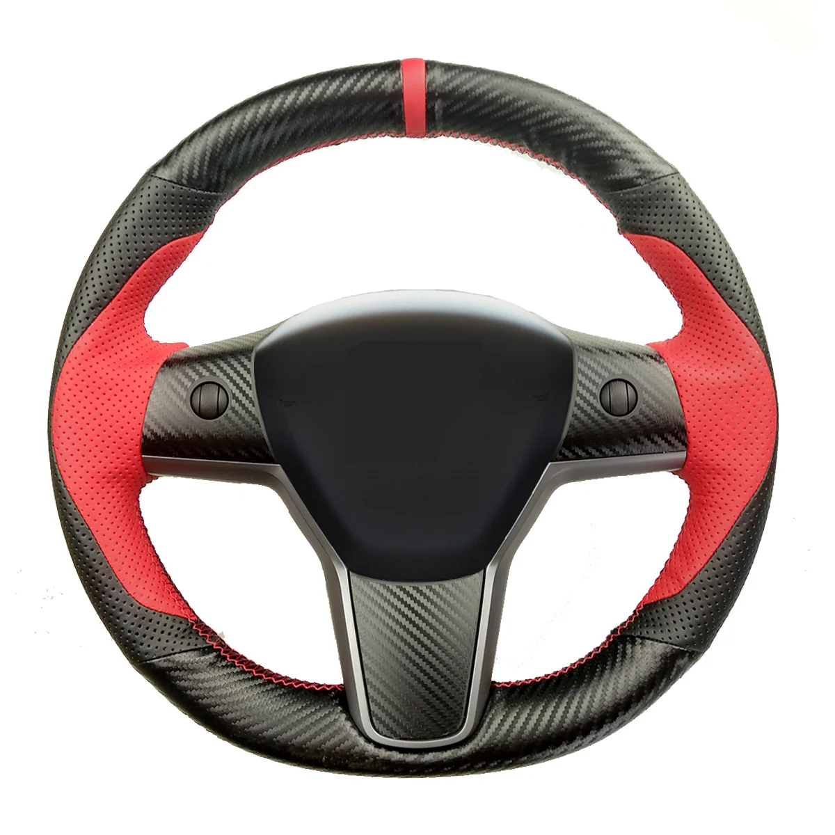 

Interior DIY 3D Matte Black Carbon Fiber&Red Black Leather Steering Wheel Hand Sewing Wrap Cover Fit For Tesla model 3 2017-2021