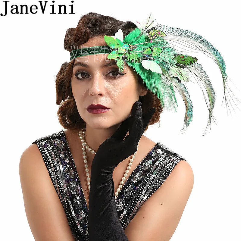 JaneVini 2020 Ostrich Feather Bridal Hair Accessories Green Butterfly Women Headband Blue Wedding Hats Fascinators Headdress