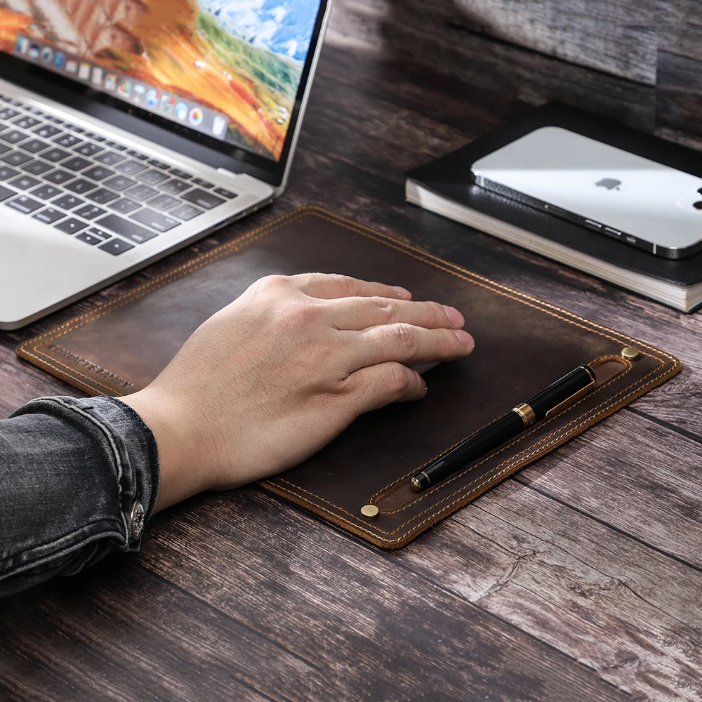 Genuine Leather Mouse Pad With Pen Holder Retro Deak Mat Anit-slip Suitable for Business Office Desktop Macbook Laptop Gaming