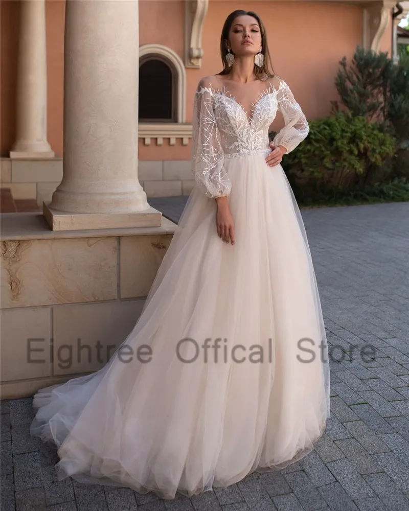 فساتين زفاف Eightree Robe de Mariage أنيقة بأكمام طويلة 2021 فستان عروس دانتيل لامع فساتين زفاف عتيقة بوهيمية على شكل حرف V من الخلف