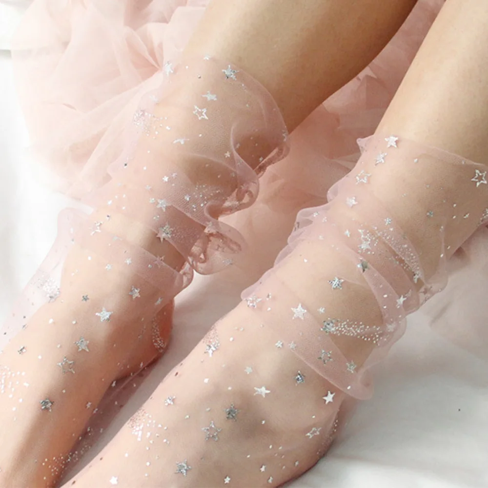 1pair Summer Fashion Candy Color Thin Mesh Tulle Ankle Socks Transparent Elastic Mesh Shiny Stars Moon Fishnet Socks