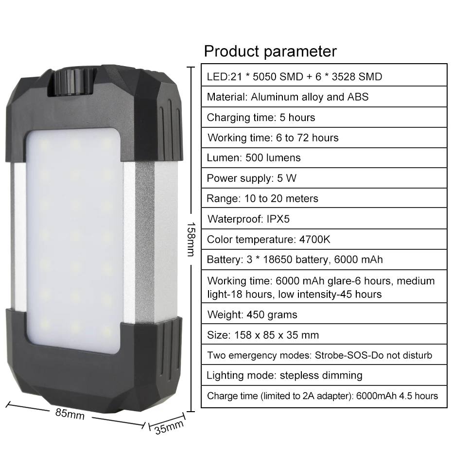 Luz LED de trabajo para tienda de campaña, reflector portátil con carga USB, impermeable, 6000mAh, para senderismo y Camping