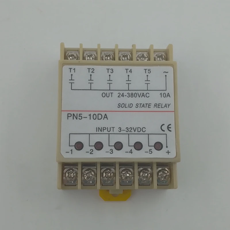 PN5-10DA 5 Groups Din Rail SSR Quintuplicate Five Input 3~32VDC Output 24~380VAC Single Phase DC Solid State Relay