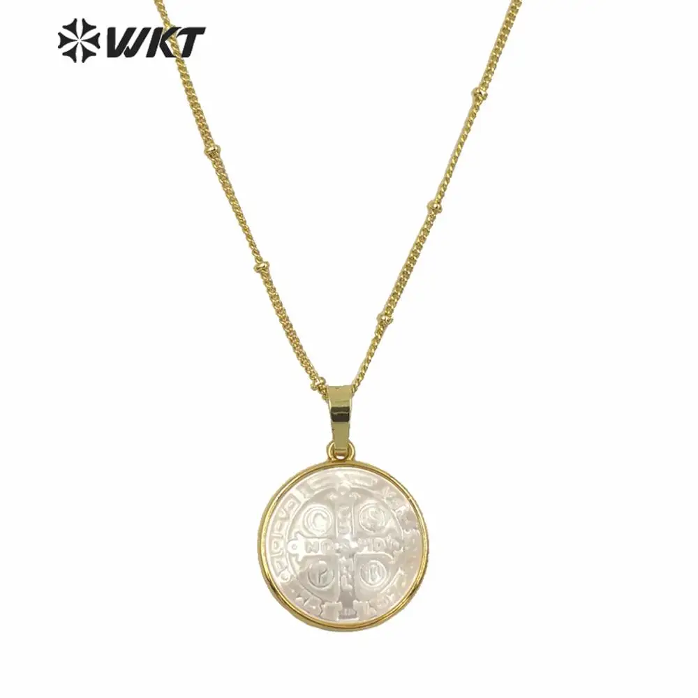 WT-JN127 WKT Women Pendant Necklace Round Shape Cross Shell Bezel 18 Inch Necklace For Jewelry Gift