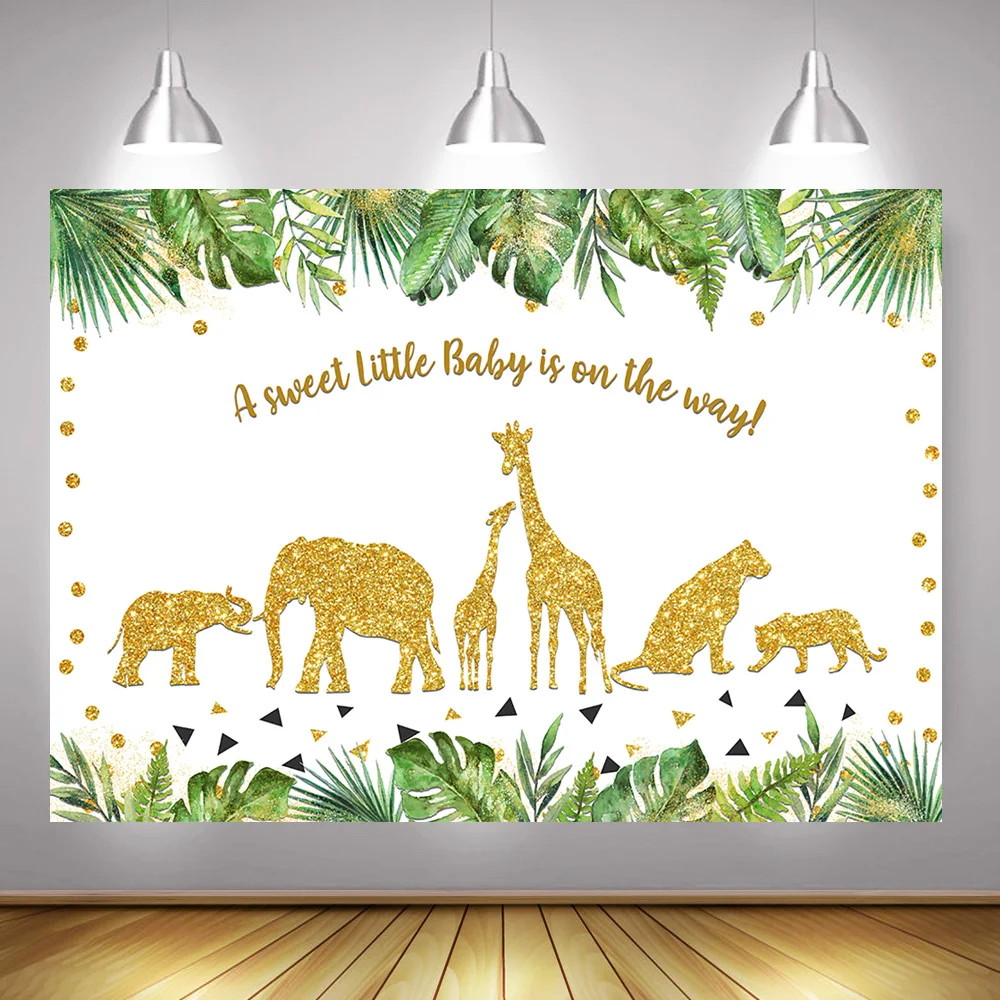 

Safari Baby Shower Backdrop Newborn Gold Animals Party Photography Background Jungle Forest Birthday Backdrops Photoshoot