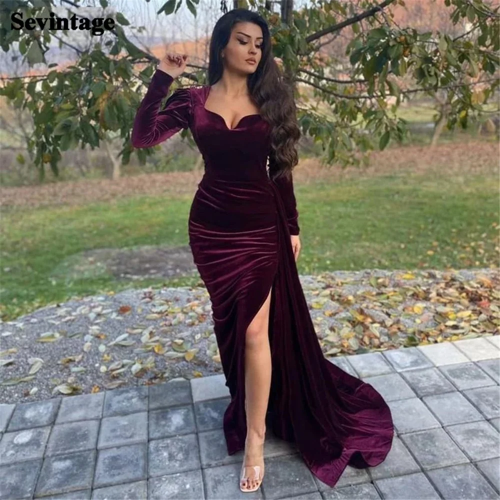 Arabisch Purple Mermaid Avondjurk Lange Mouwen Split Marokko Kaftan Zachte Fluwelen Prom Partij Jassen Vestidos De Fiesta