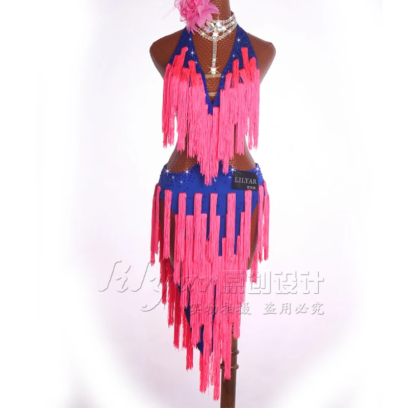 New Latin dress competition dress performance Dress Adult custom pink tassel open waist open back dance skirt