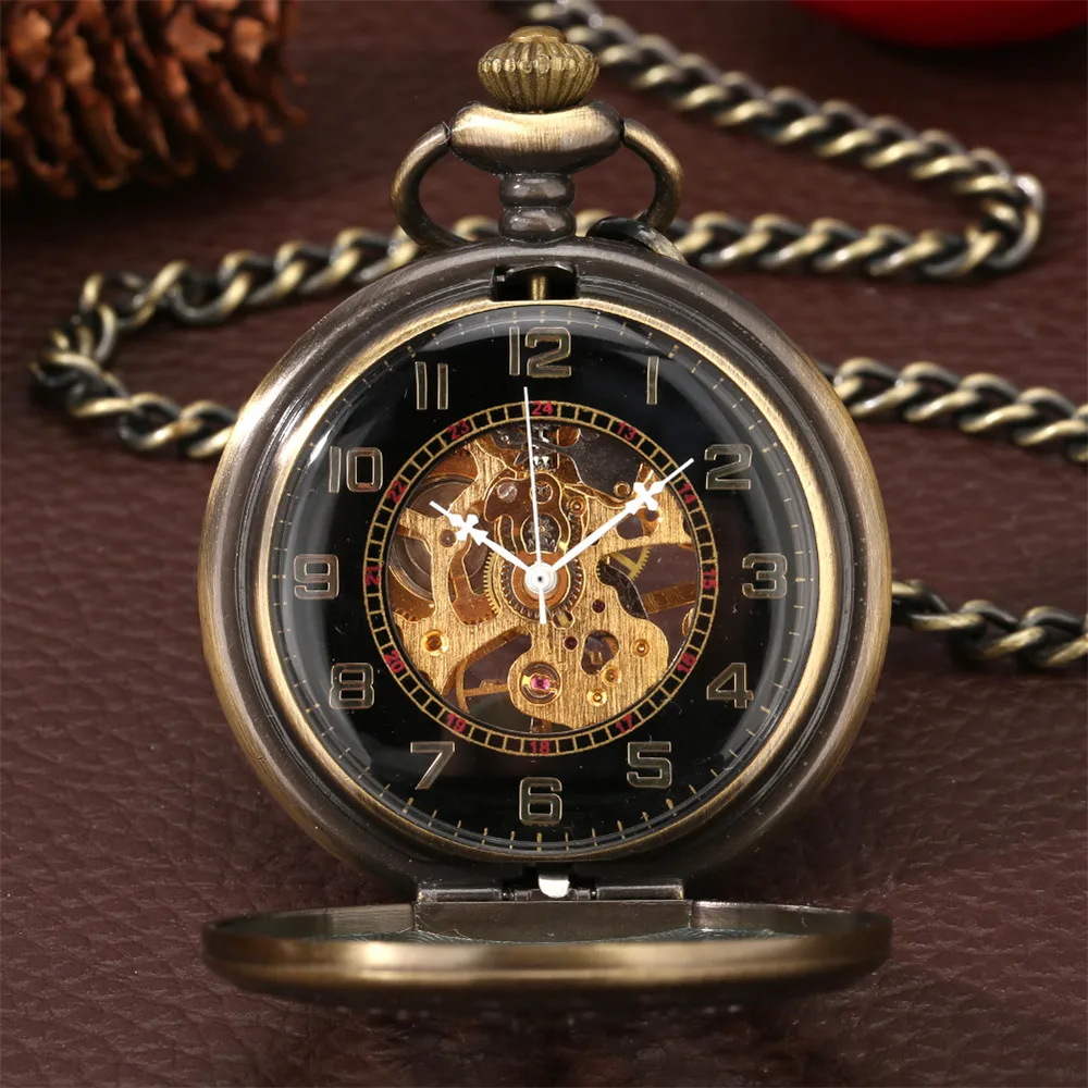 Elegant Vintage Mechanical Hand Winding Pocket Watch Black/White Arabic Numerals Dial Luxury Pendant Clock reloj de bolsillo