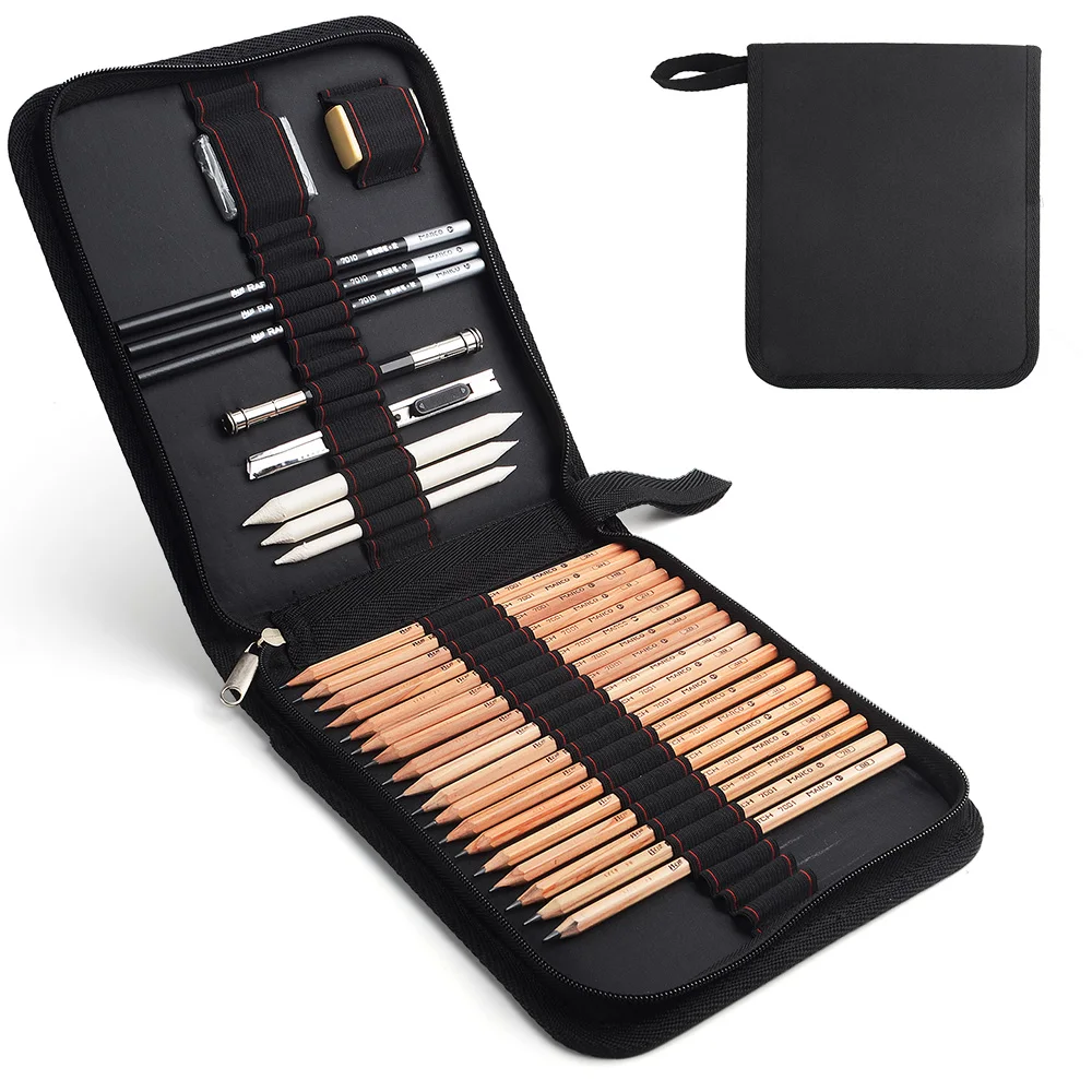 Marco 29/35 pcs Professional Sketch & Drawing Art Tool Kit With Graphite Pencils,Charcoal Pencils,Paper Erasable Pen,Craft Knife