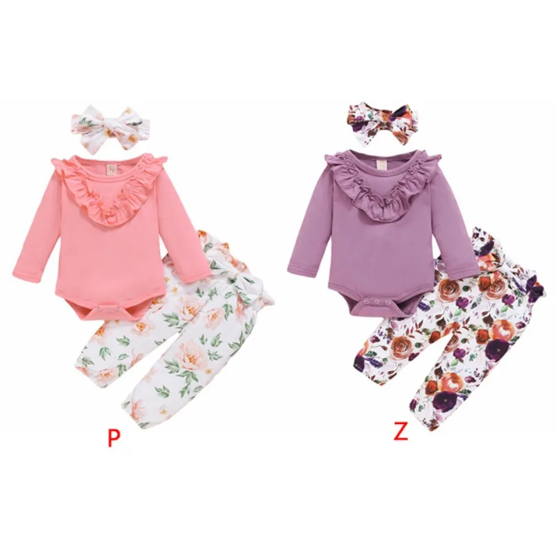 

Summer Baby Girl Long Sleeve Romper Top Floral Trousers Headband Outfits Clothes