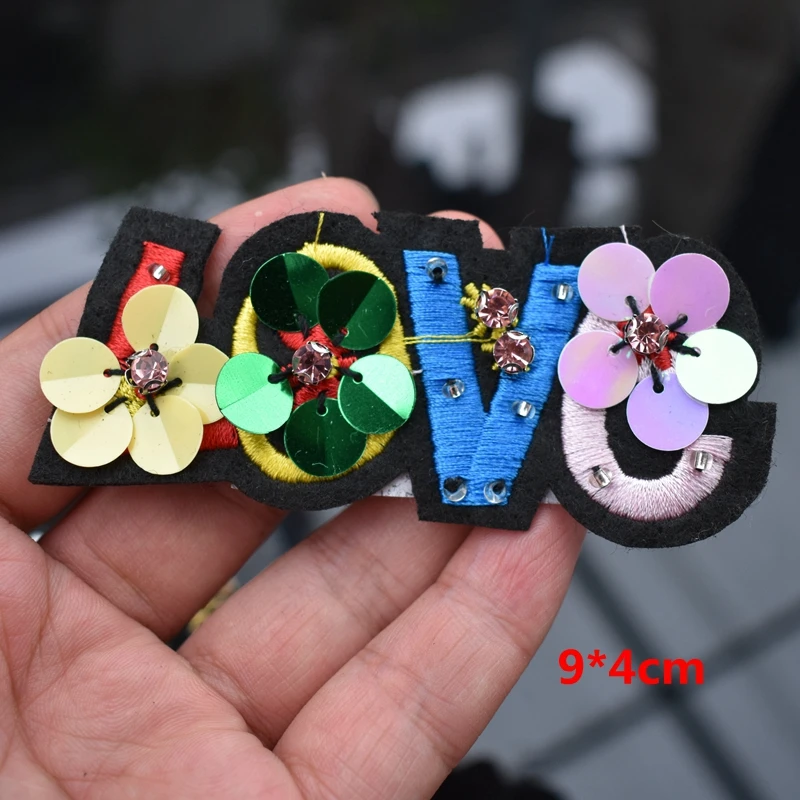 Handmade Rhinestone Beaded Patches Love Sew on Crystal patch for clothing beading Applique cute patch