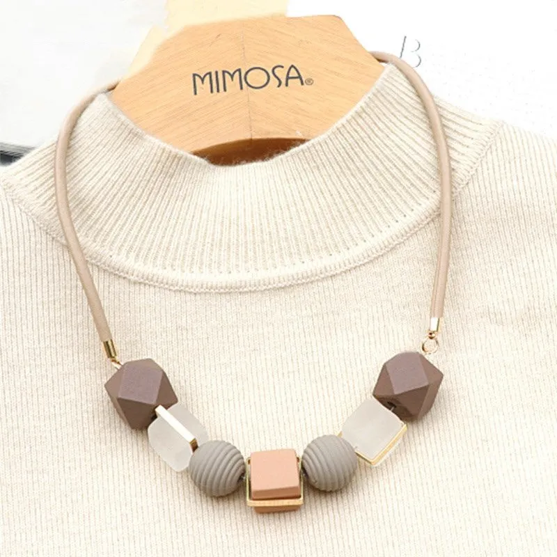 Colored Wood Round Beaded Pendant Necklace Trendy Sweater Chain Geometric Jewelry Accessories for Women цепочка