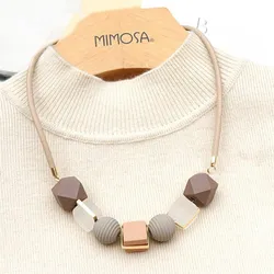 Colored Wood Round Beaded Pendant Necklace Trendy Sweater Chain Geometric Jewelry Accessories for Women цепочка