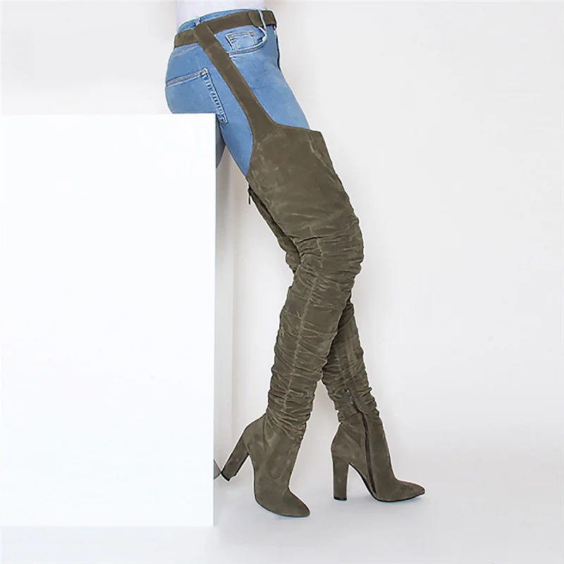 Boots Women 2023 Winter Sexy Army Green Belt Thigh High Boots Chunky Heels Suede Big Size 43 Over The Knee Girl Fashion Shoes