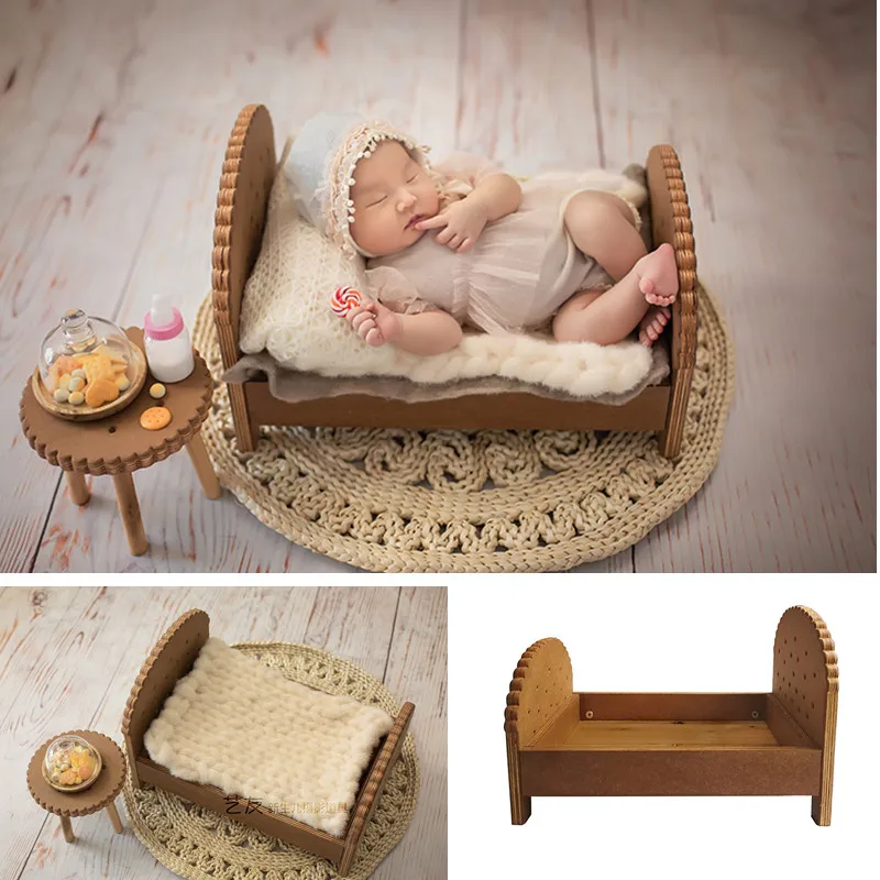 

Newborn Photography Props Cute Cookie Bed Tea Table Biscuit Plate Set Vintage Wooden Basket For Photo Shoot Baby Boy Accessories